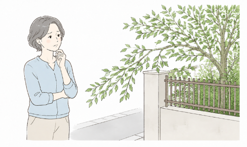 隣の敷地まで伸びた庭木の枝に困っている女性