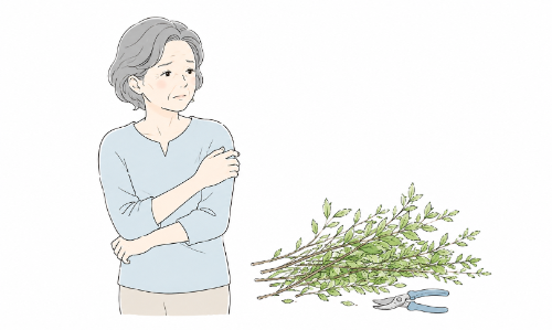 庭木の枝切りによる体への負担に困っている女性