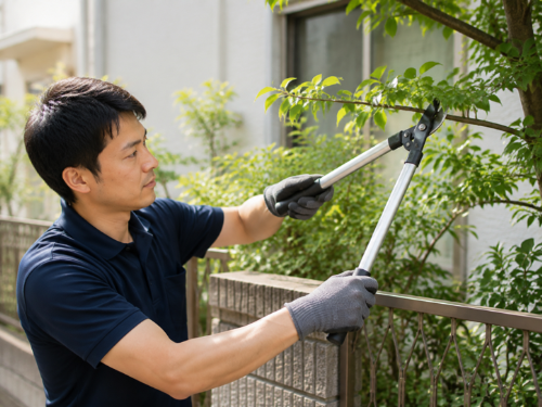 スタッフが庭木の気になる枝を切っている様子