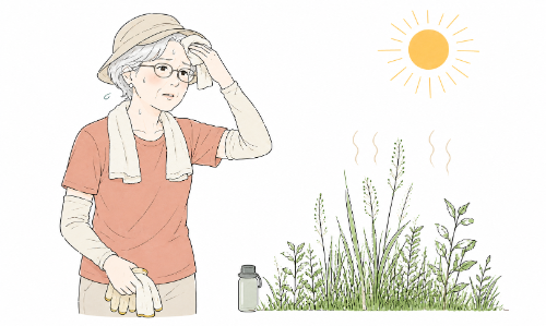 暑い日の庭仕事に困っている女性