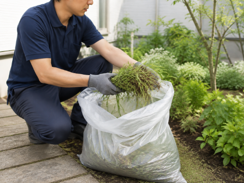 抜いた雑草を袋にまとめて回収している様子