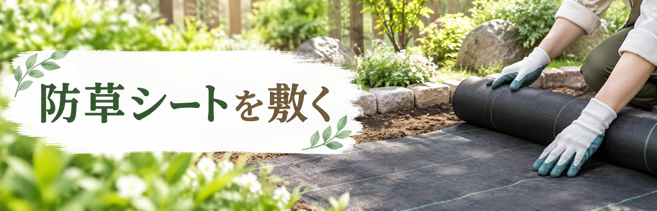 庭に防草シートを敷く様子