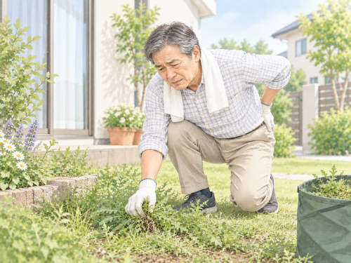足腰の負担から草抜きに困っている男性