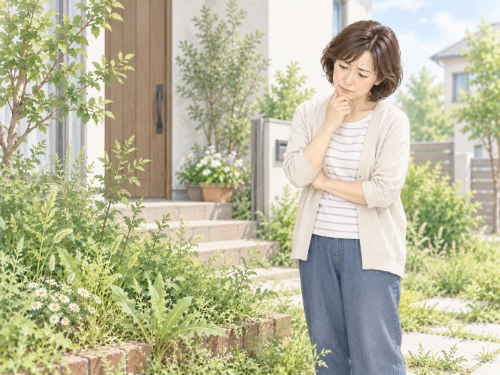 伸びた雑草を見て困っている女性