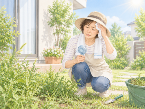 暑い日の庭仕事に困っている女性