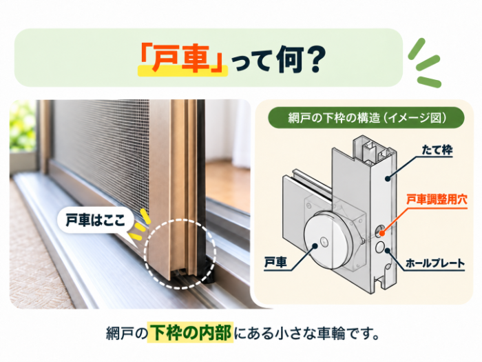 網戸の戸車の位置と構造を示したイメージ図