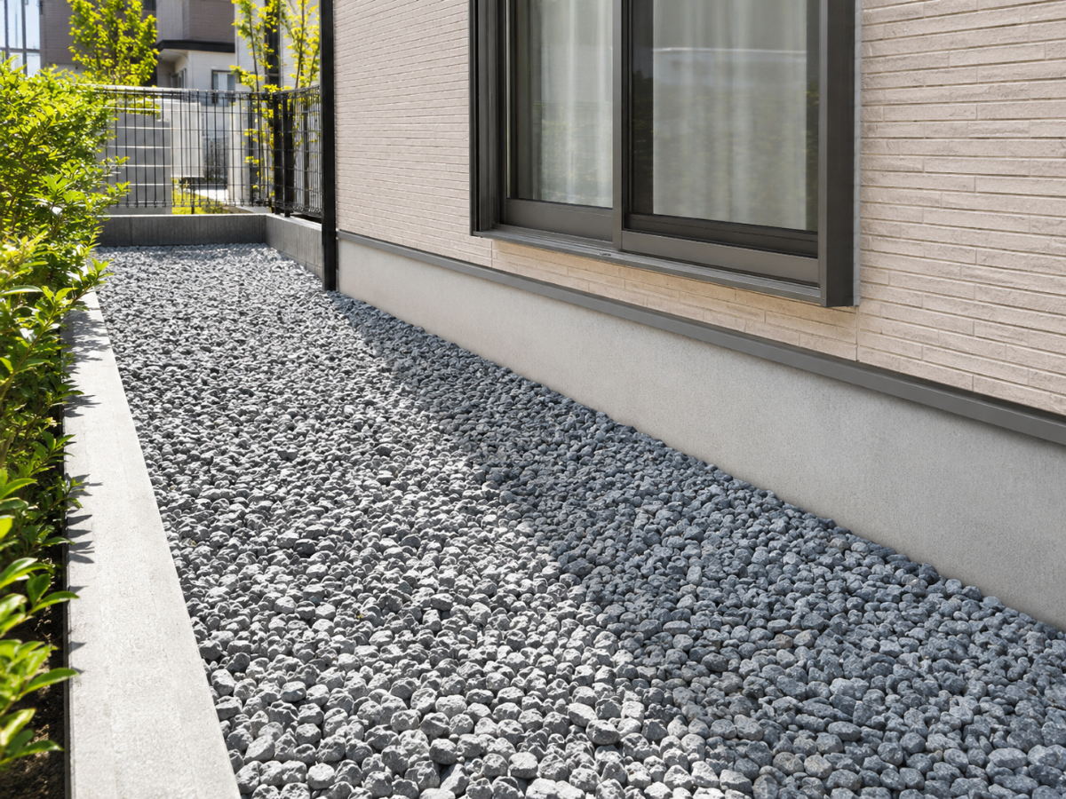 住宅の建物まわりに敷き詰められた砂利